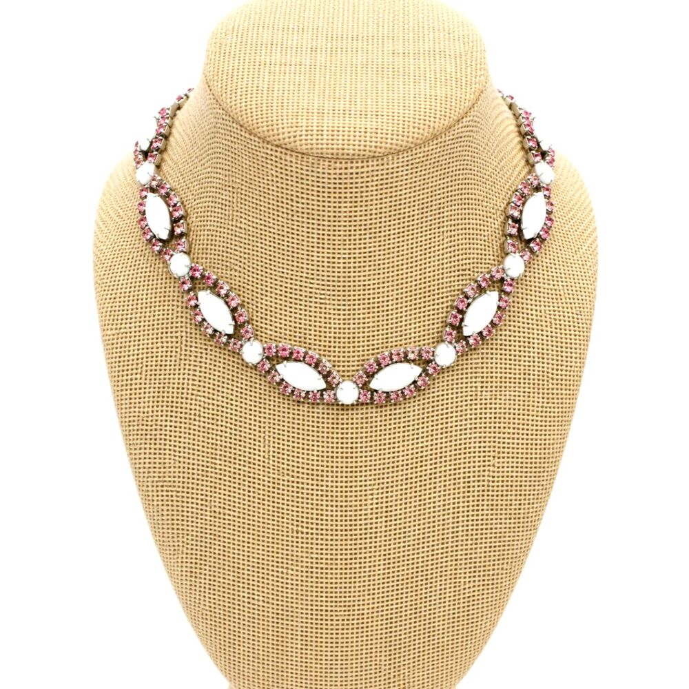 VINTAGE RHINESTONE NECKLACE Pink White Glass Silver Tone MCM Choker Bridal